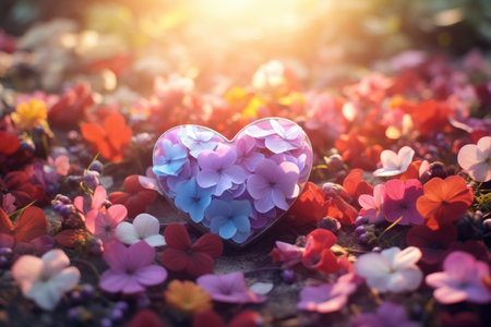 Heart of colorful flowers on the ground with sunlight. Valentine's day concept.の素材