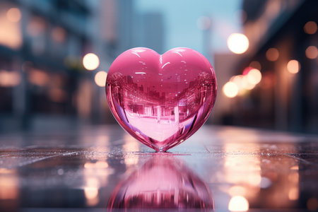 Pink heart on the city background. Love concept.の素材