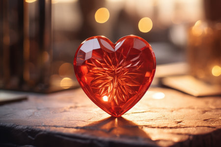 Valentine's day background. Red heart on a wooden table.の素材