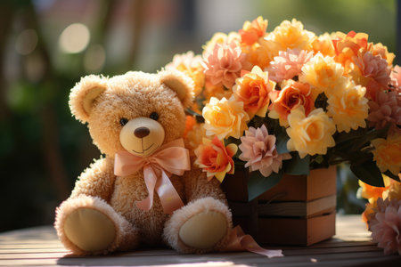 Teddy bear and artificial flowers in vase on wooden table.の素材