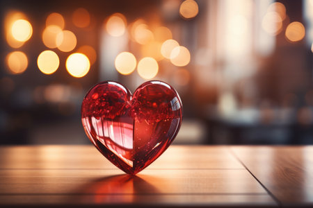 Valentine's day background with red heart on wooden table in cafeの素材