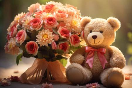 Teddy bear and bouquet of flowers in vintage color tone.の素材