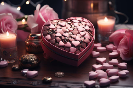 Valentine's Day background with heart-shaped candies, roses and candlesの素材