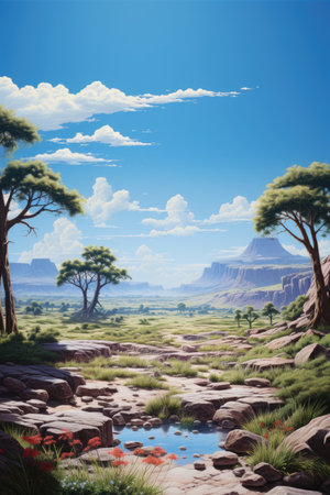 Mountain landscape with trees and blue sky.の素材