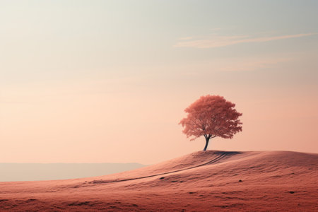Lonely tree on the hill in winter with red sky backgroundの素材