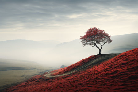 Lonely tree on a hillside in the misty morningの素材