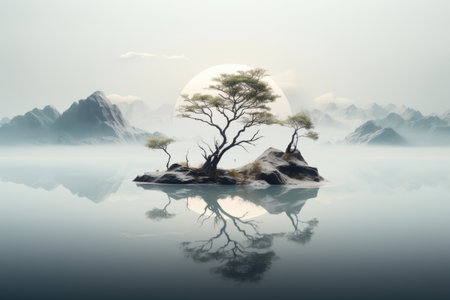 Fantasy landscape with a lonely tree on a rock in the waterの素材