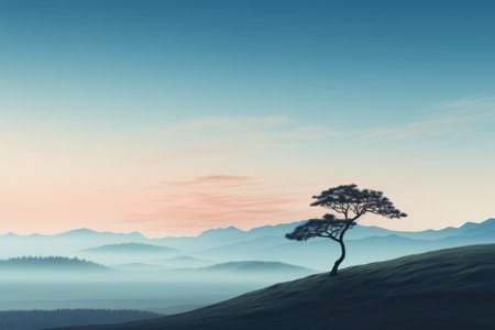 Silhouette of tree on hillside with fog in the backgroundの素材
