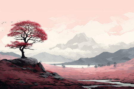 Lonely tree on a hillside with mountains in the backgroundの素材