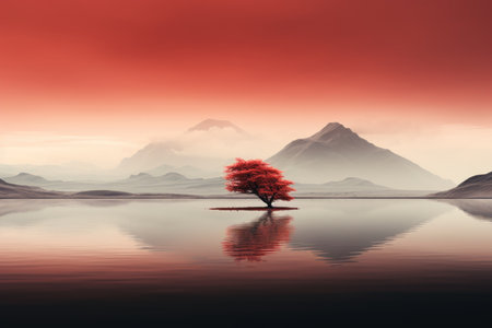 Lonely tree on the lake at sunset with mountains in the backgroundの素材