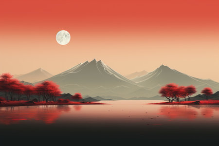 Landscape with mountain and lake in the night.の素材