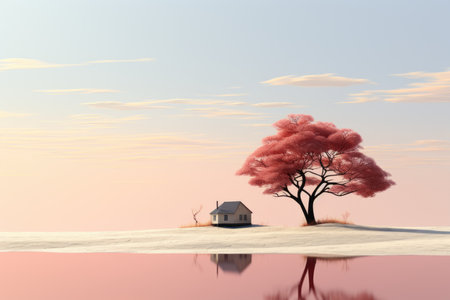 Conceptual image of lonely house on the beach with tree.の素材