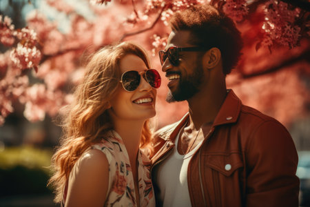 happy couple in sunglasses looking at each other while walking in blooming parkの素材