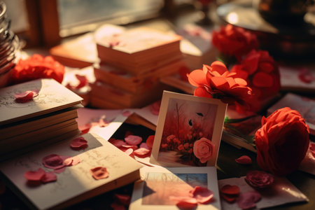 Old books with red rose petals on the table in the morningの素材