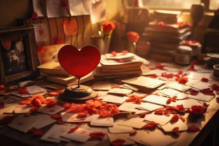 Valentine's Day background. Red heart on the table.の素材