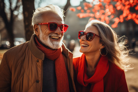 Beautiful senior couple in red sunglasses having fun in the city.の素材