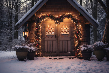 Wooden house in winter forest with Christmas wreath and garlandの素材