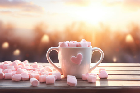 Cup of coffee with marshmallows on wooden table with sunset background.の素材