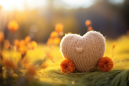 Woolen knitted toy in the shape of a heart on a background of flowersの素材