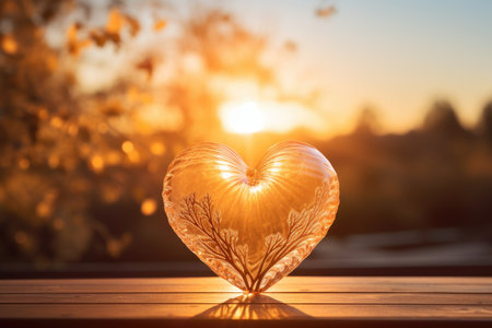 Heart shaped glass on a wooden table against the background of the sunsetの素材