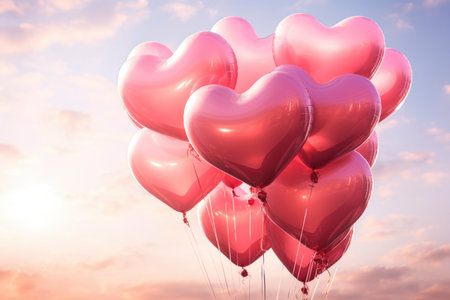 Valentine's day background with heart shaped balloons on blue skyの素材