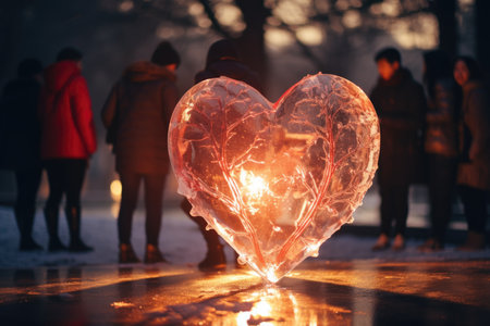 Valentine's Day. A heart-shaped candle in the shape of a heart on the background of people walking on the street.の素材