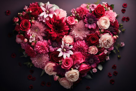 Heart shape made of beautiful flowers on dark background, valentines day conceptの素材