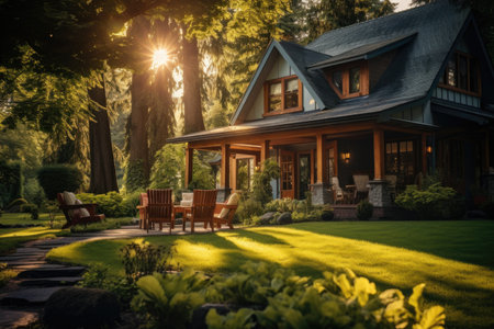 Wooden house in the park at sunset. Luxury landscape design.の素材