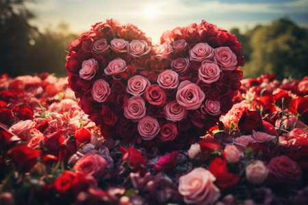Heart shape made of red and pink roses on a grave at sunsetの素材