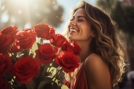 Beautiful young woman in red dress with bouquet of red roses.の素材