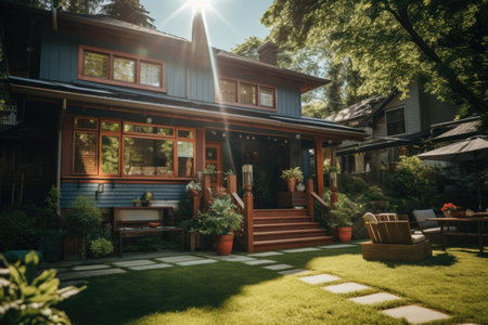 Vintage wooden house in the garden with sun rays, retro styleの素材