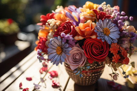 Bouquet of colorful flowers in a basket on a wooden tableの素材