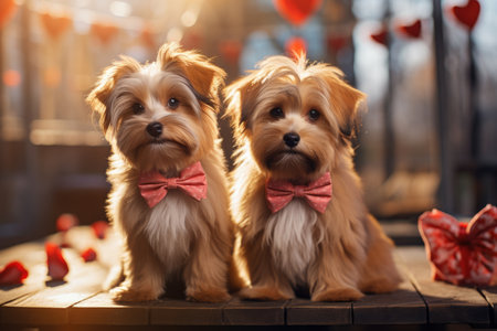 Two cute Yorkshire terrier puppies with bow tie sitting on wooden table. Valentines day conceptの素材