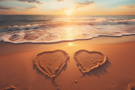 Heart shape on the beach at sunset. Concept of love and romanceの素材