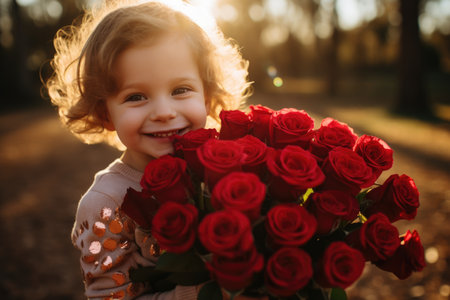 Little girl with a bouquet of red roses in the park.の素材