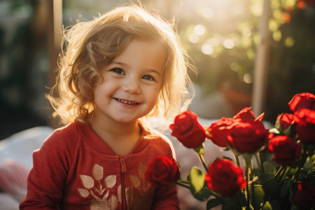 Smiling little girl with red roses at home in sunny day.の素材