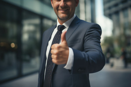 Cropped image of businessman in suit showing thumbs up gesture in city