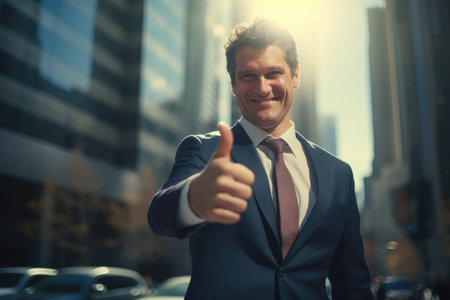 Businessman with thumbs up in the city. Success in business concept.の素材