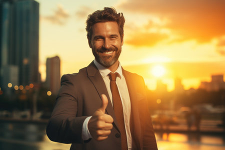 Handsome businessman is showing thumbs up and smiling while standing outdoorsの素材