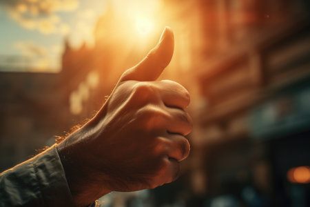 Male hand showing thumbs up on the background of a city street.の素材