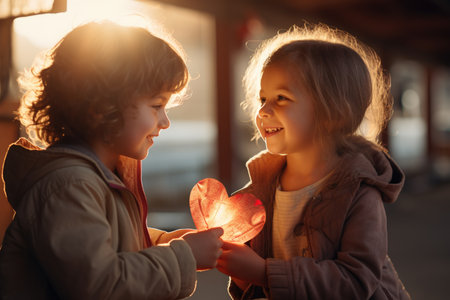 Two cute little kids, boy and girl, holding a red heart shaped lollipop on the background of the sunsetの素材