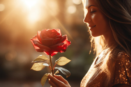 Portrait of a beautiful young woman with red rose in her hands.の素材