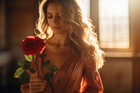 Beautiful blonde girl with a red rose in her hand in the interiorの素材