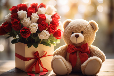 Bouquet of red and white roses and teddy bear with gift boxの素材