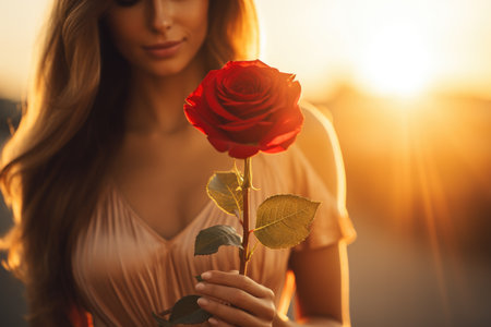Beautiful young woman with a red rose in her hands on the background of the setting sunの素材