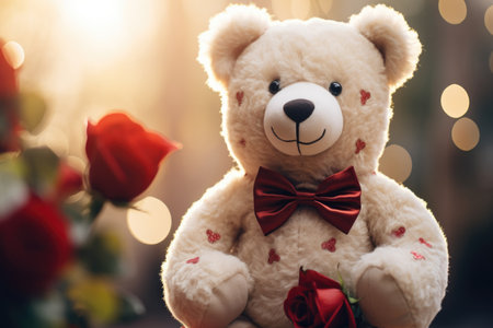Cute teddy bear with red roses on bokeh backgroundの素材