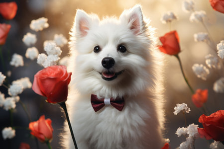 Cute puppy of Samoyed in a red bow tie on a background of flowersの素材
