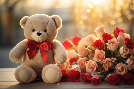 Teddy bear and bouquet of red roses on wooden table.の素材