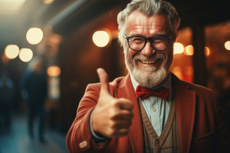 Cheerful senior man in glasses and bow tie standing in cafe and showing thumbs upの素材