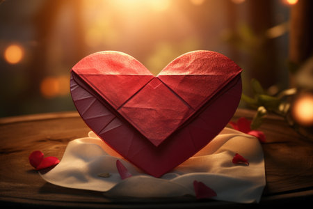 Red paper heart on wooden table, valentine's day conceptの素材